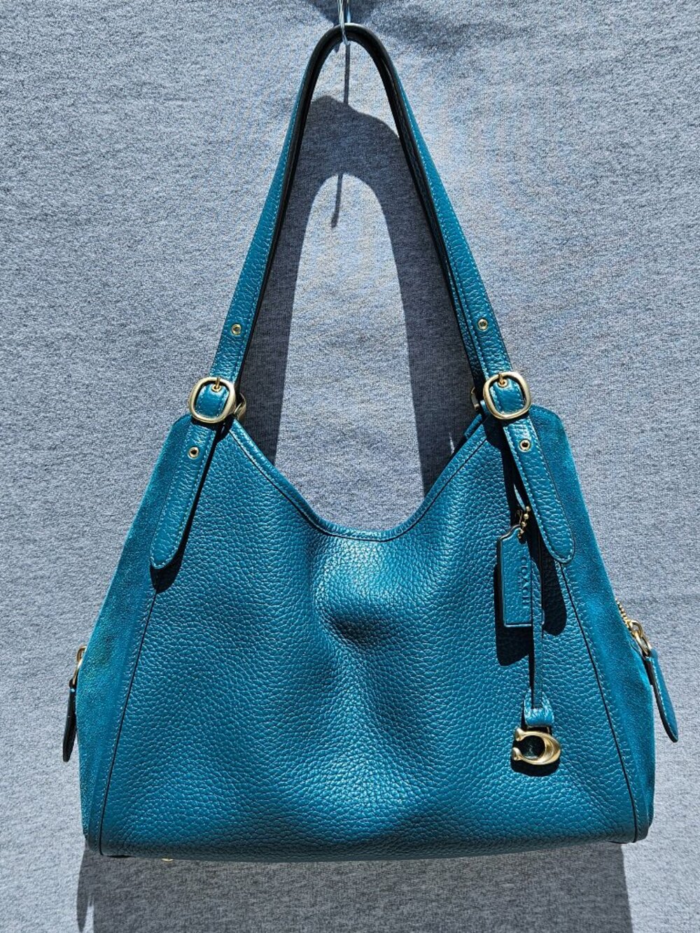 Coach Lori Leather/Suede Shoulder Bag Teal Gold Hardware (C5265) Beautiful Purse